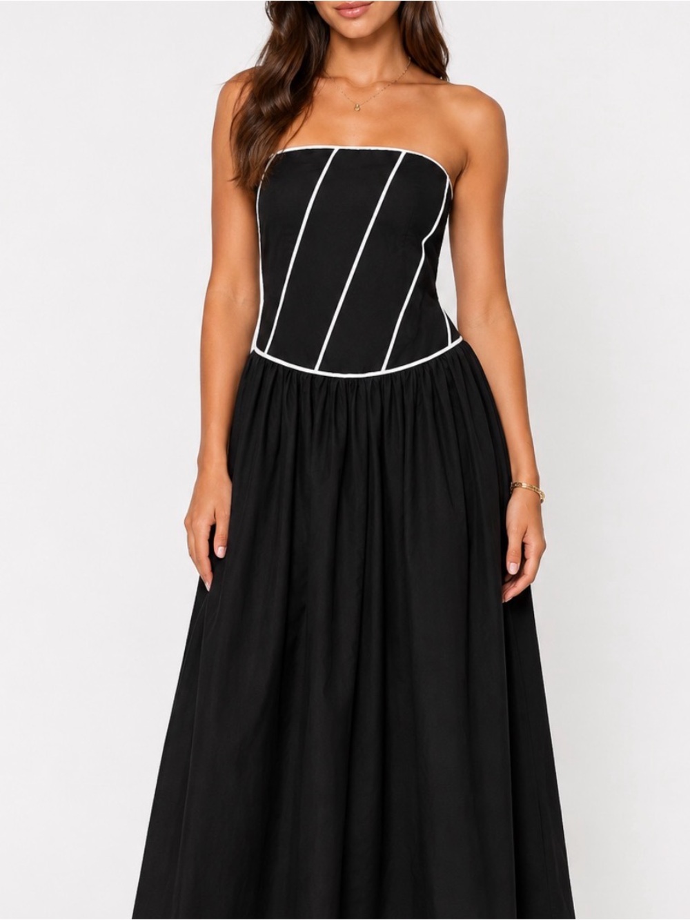 MANDINGA Black Strapless Midi Dress with White Piping